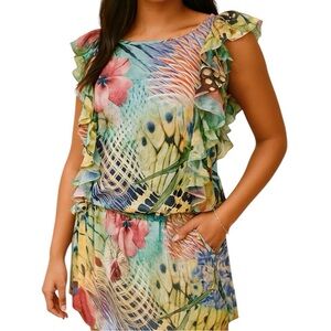 ARGENTI Sleeveless Floral Multicolour Jungle Dress Ruffles Elastic Waist Size 8